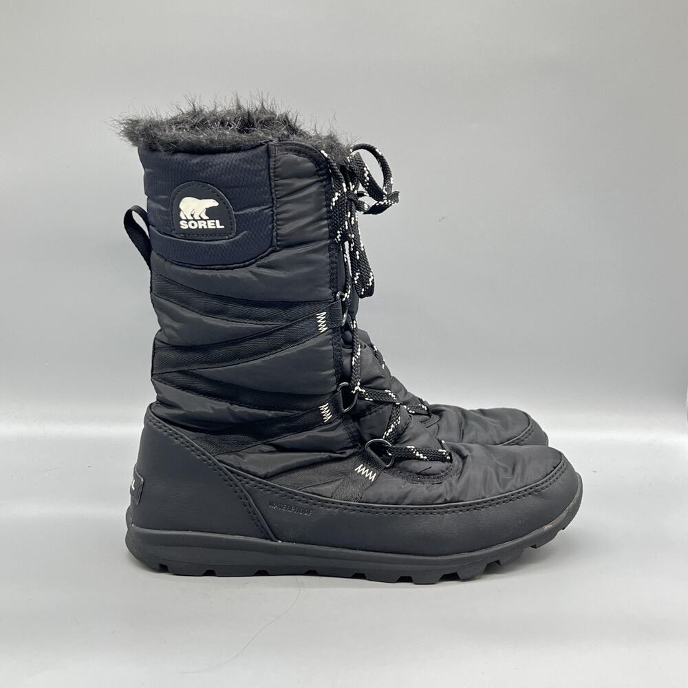Sorel Boots Womens 9.5 Black Nylon Waterproof Mid Calf Faux Fur Snow Shoes